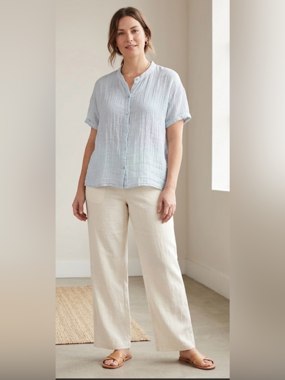 Eileen Fisher Top Shirt 100% Organic Linen Button-Front